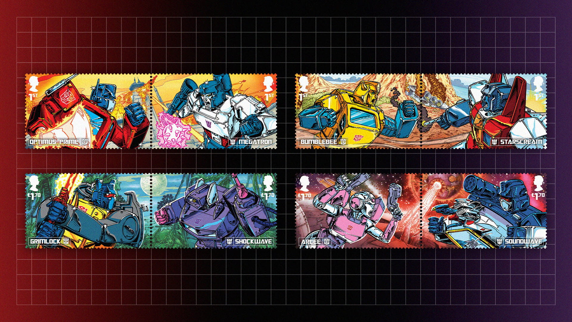 Set of 8 Royal Mail stamps with characters from the TV Series 'Transformers'.