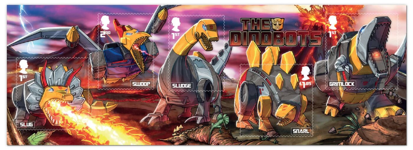 Minisheet for the Royal Mail special stamps. Featurong the Dinobots, the scene features various Dinobots on a volcanic setting.