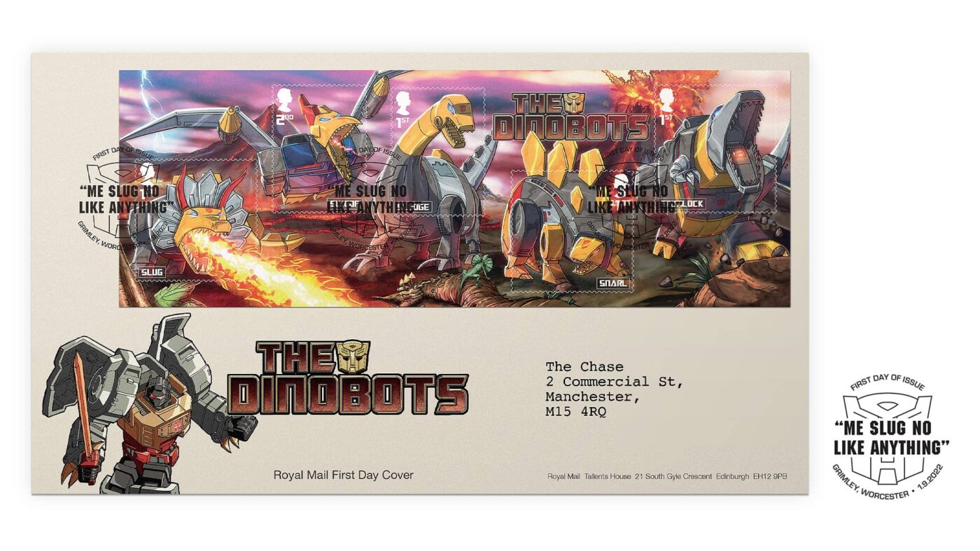 First Day Envelope cover featuring the Dinobots minisheet on an envelope with cancellation marks touching each of the stamps.