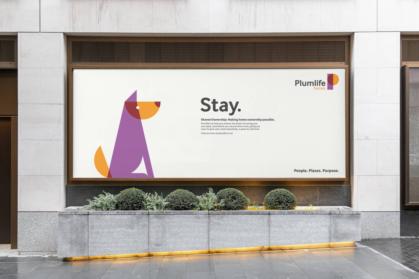 Photograph of a billboard. Billboard title is 'Stay' accompanied by a graphic illustration of a dog
