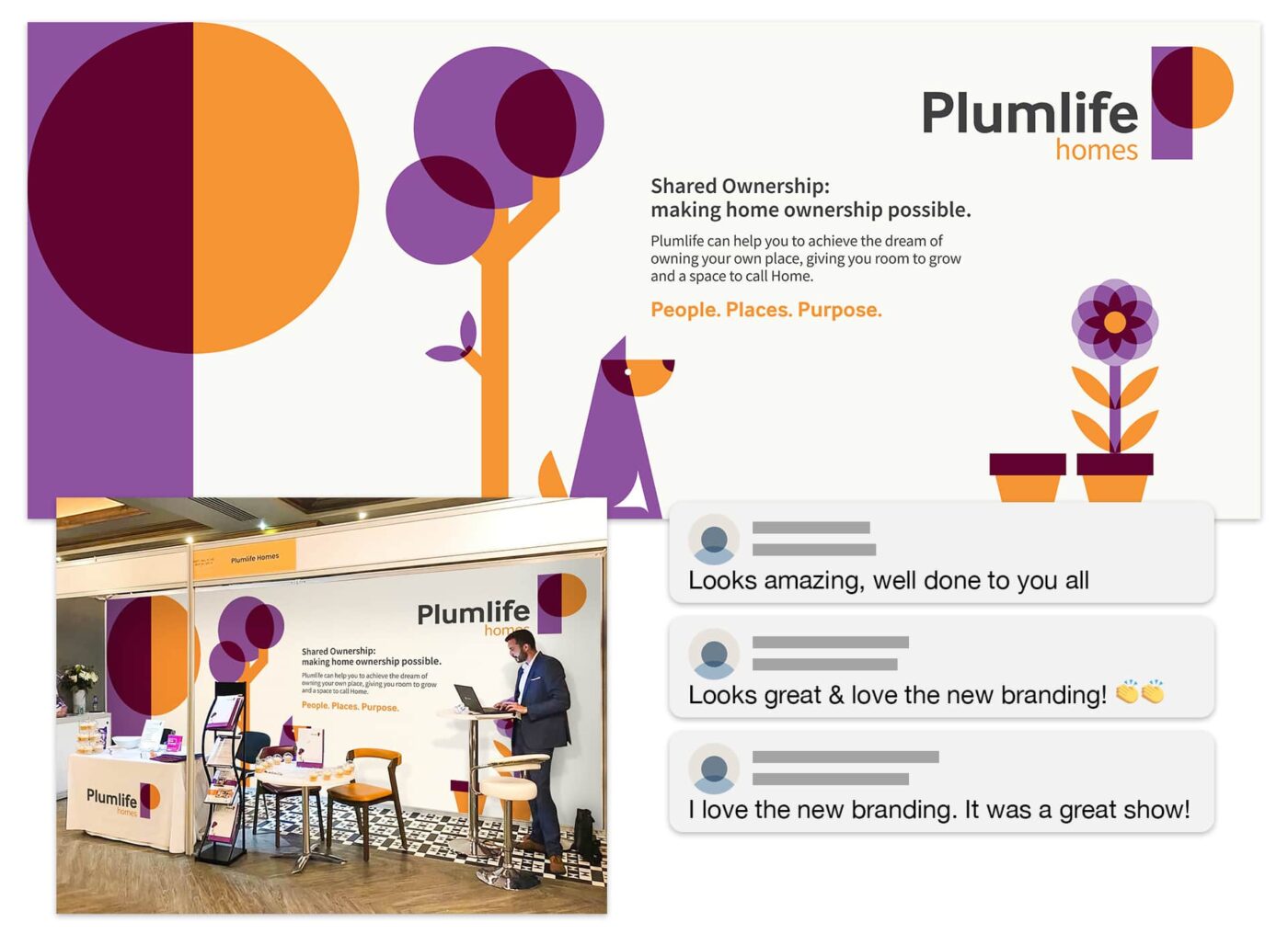 Events stand design with a large graphic letter P made of geometric shapes, a tree, dog and flower illustration. Bottom left is a photograph from the events booth in situ and to the right has 3 social media comment bubbles saying 'Looks amazing, well done to you all', 'Looks great & love the new branding' and 'I love the new branding it was a great show.'