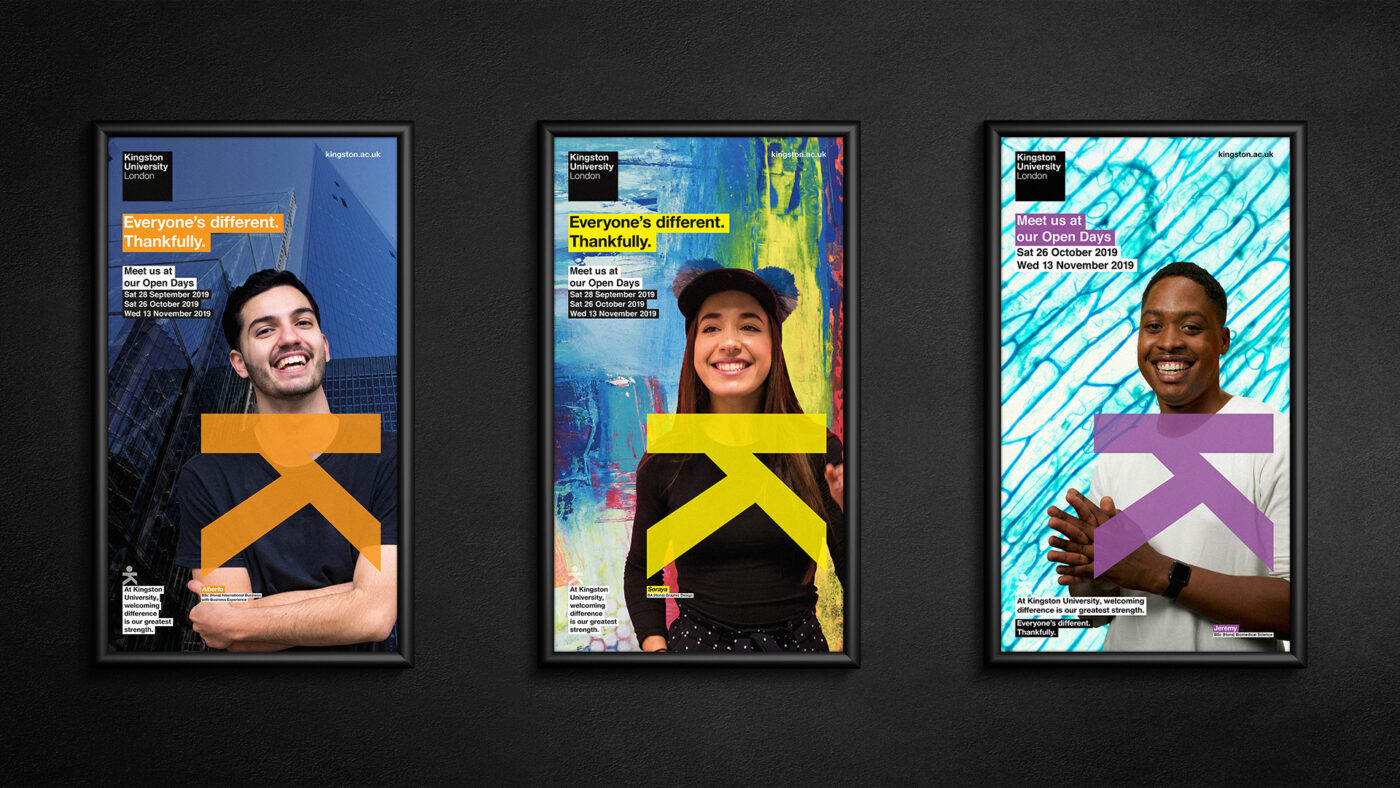 Three posters arranged in a line. They show a happy student on each poster with the letter K turned 45 degrees clockwise and placed under their heads to create a sort of person.