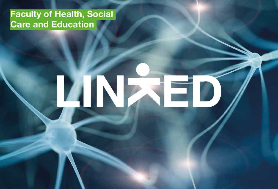 Brochure spread. The word Linked is placed on top of a scientific image. The K in the worked Linked is replaced with the K logo mark.