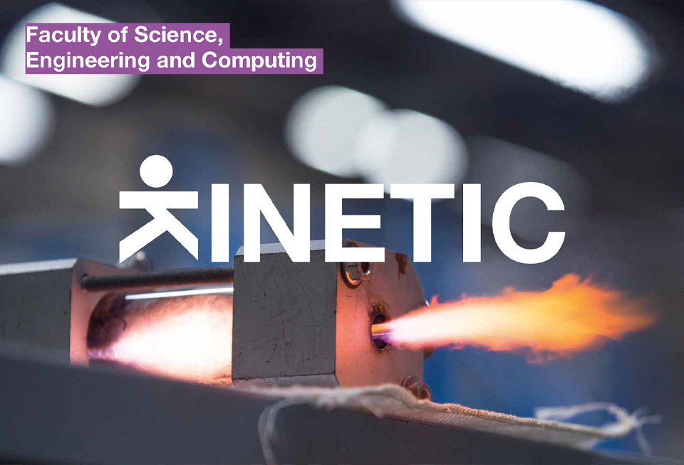 Brochure spread. The word Kinetic is placed on top of a scientific image. The K in the worked Linked is replaced with the K logo mark.
