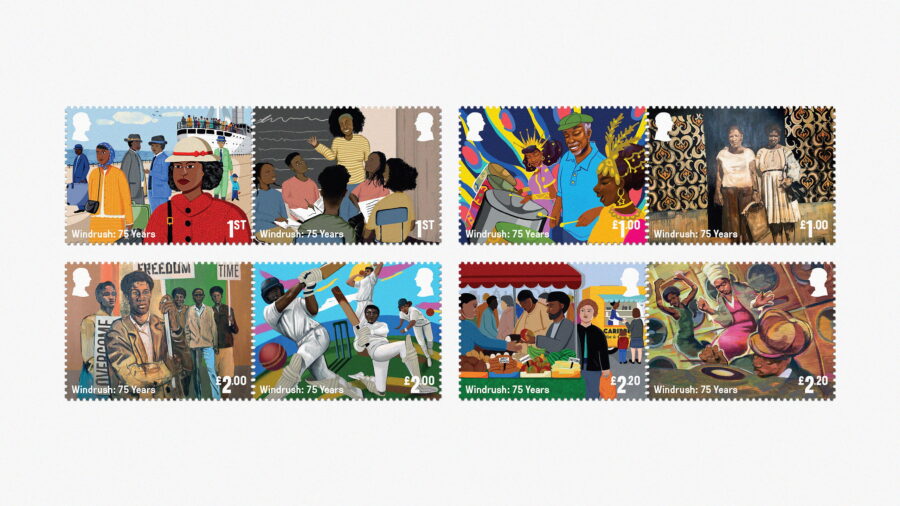 Windrush: 75 Years. 8 stamps showing scenes from the influence of the Windrush generation. 1. Arrival, 2. Education, 3. Carnival, 4. Home life, 5. Protest, 6. Sport, 7. Food/Markets, 8. Music/Arts